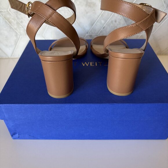 Stuart Weitzman S 5.5B Heeled Sandal with Strap Buckle Tan Brown Nearly Bare New - Picture 4 of 9